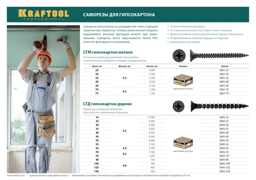 Саморезы СГМ гипсокартон-металл, 25 х 3.5 мм, 9 000 шт, фосфатированные, KRAFTOOL