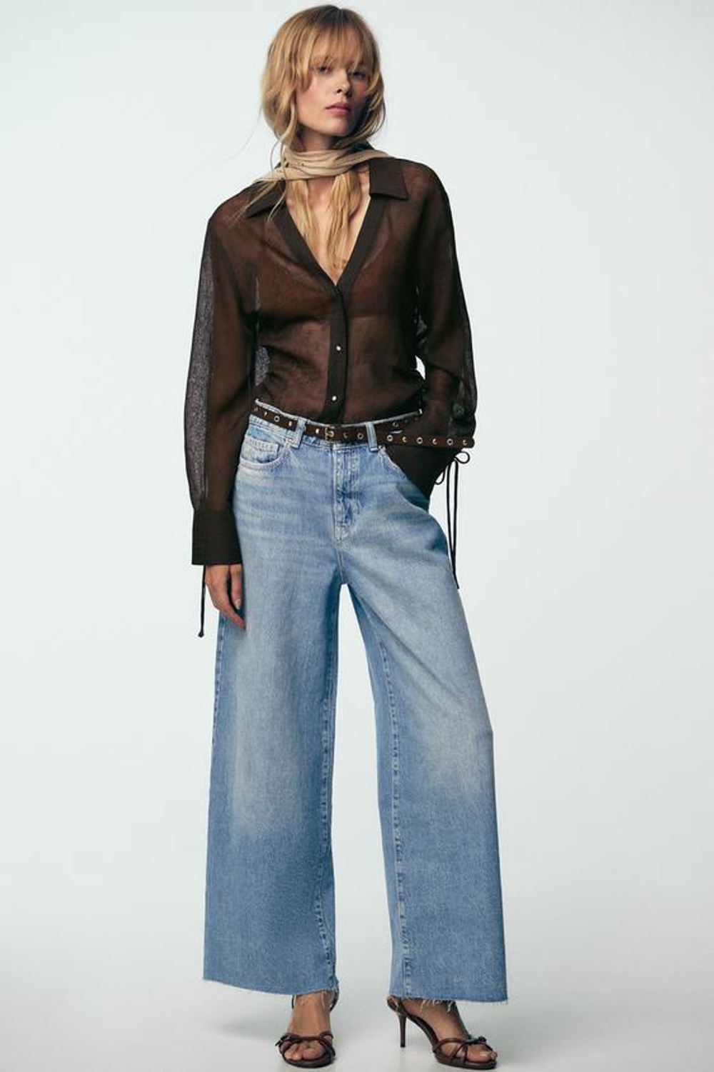 ZARA ДЖИНСЫ Z1975 WIDE LEG CROPPED С ВЫСОКОЙ ПОСАДКОЙ И ПОЯСОМ, ВЫЦВЕТШИЙ СИНИЙ