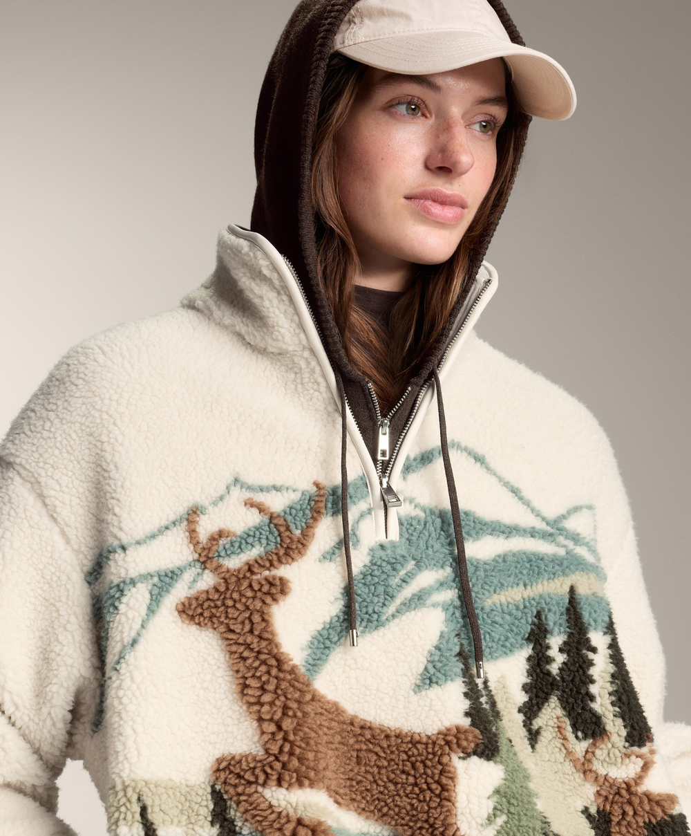 Oysho Толстовка из искусственной овчины с принтом «Пейзаж с оленем», экрю