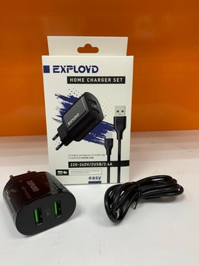 Блок питания сетевой 2 USB Exployd EX-Z-1432, EASY, 2.4A, кабель микро USB, цвет: чёрный