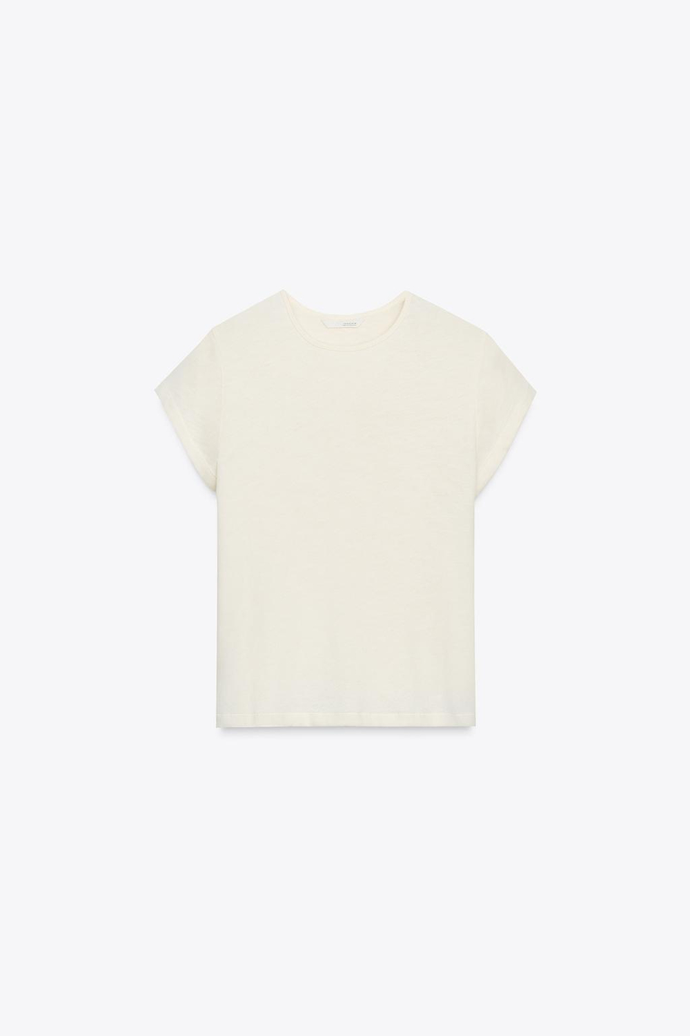 ZARA ФУТБОЛКА В СТИЛЕ РУСТИК С КОРОТКИМИ РУКАВАМИ, ЭКРЮ