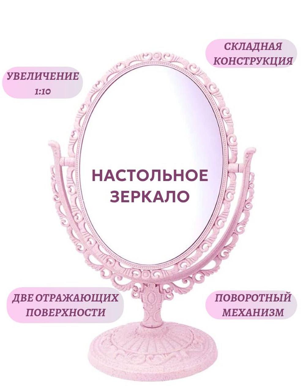 Зеркало косметическое овальное розовое, среднее