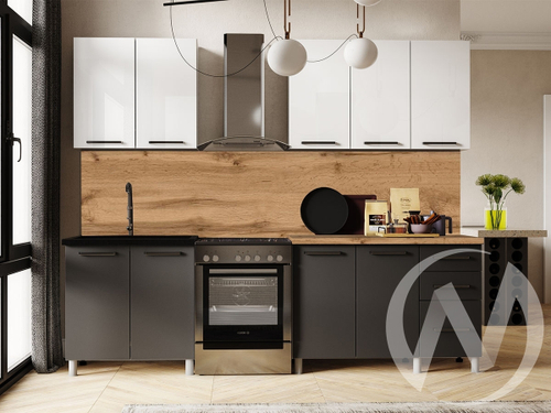 Кухня Ребекка 2.0м (корпус белый/белый; графит) 26мм дуб вотан