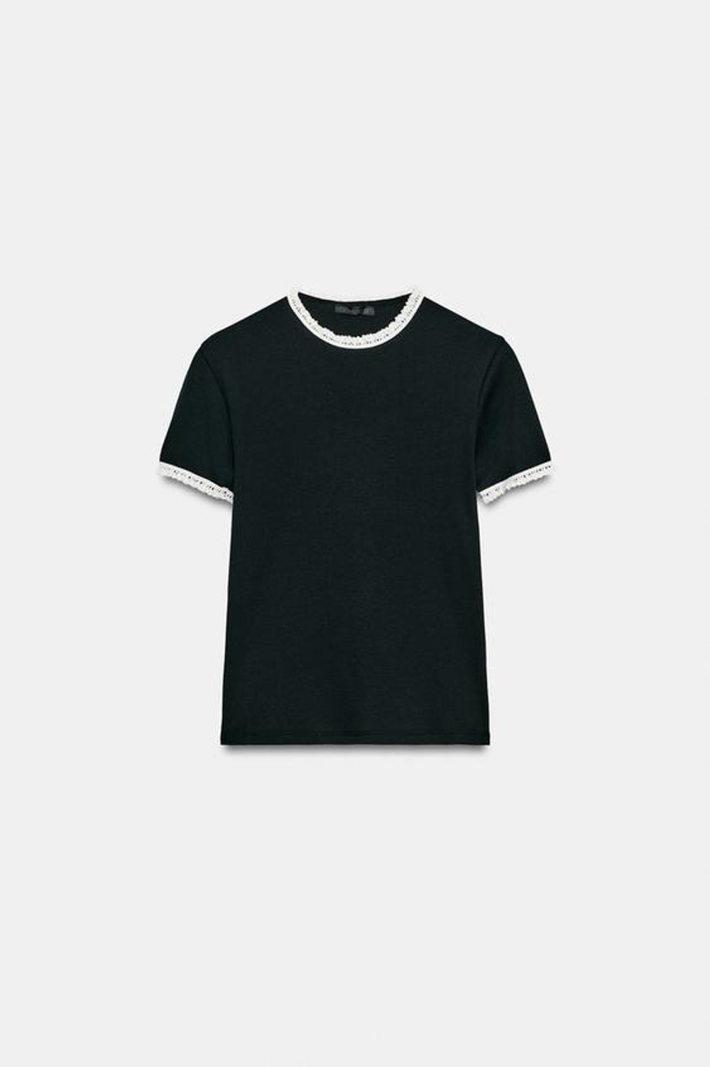 ZARA ФУТБОЛКА С КОРОТКИМИ РУКАВАМИ И КРУЖЕВОМ, ЧЕРНЫЙ/БЕЛЫЙ