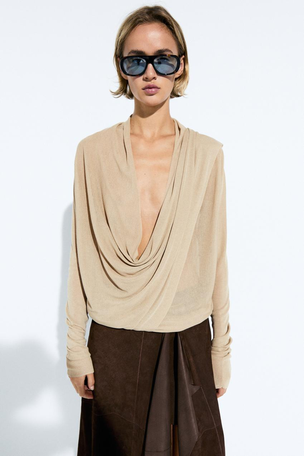 Massimo Dutti Замшевая кожаная юбка миди с оборками, коричневый