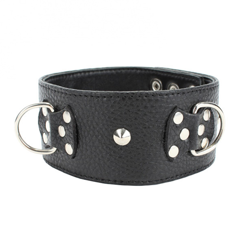 Черный кожаный ошейник 37см с короткими шипами и декором в виде бабочек БДСМ Арсенал 55008
