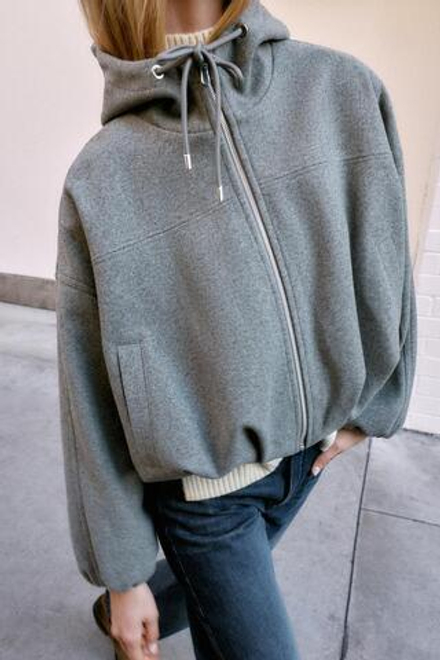 ZARA БОМБЕР ОВЕРСАЙЗ С КАПЮШОНОМ ИЗ МЯГКОЙ ТКАНИ, СЕРЫЙ