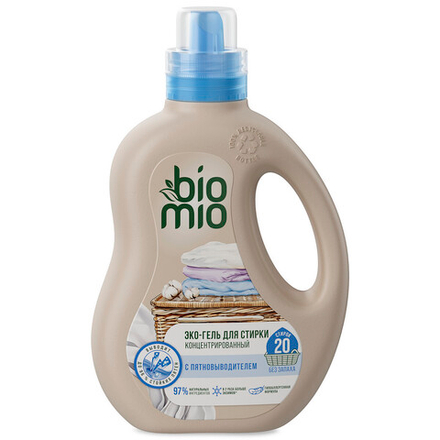 BioMio Экологичный гель и пятновыводитель для стирки белья, 2 в 1, Без запаха. 900мл, блок 6шт.