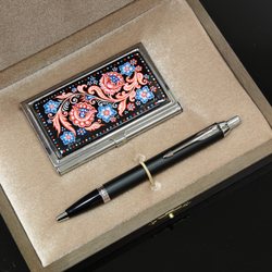 Набор "Русские узоры" №2 визитница персональная с ручной росписью, ручка Parker