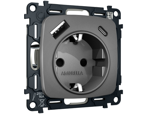 MO660010 Комплект механизма электрической розетки OMEGA Антрацит серый 2USB A+C 20W (быстрая зарядка) с/з QUANT (OP6600, VM160)