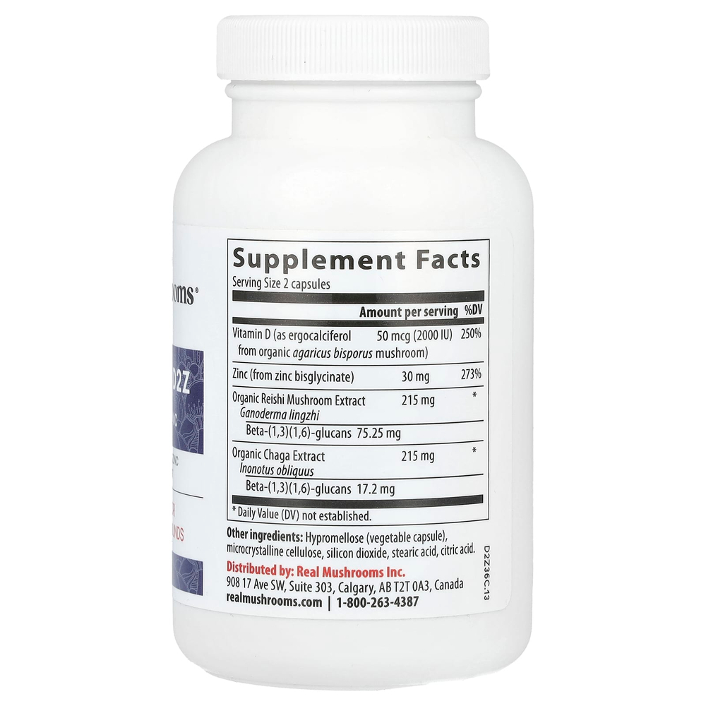 Real Mushrooms, Mushroom D2Z, D2 / бета-глюкан / цинк, 120 капсул
