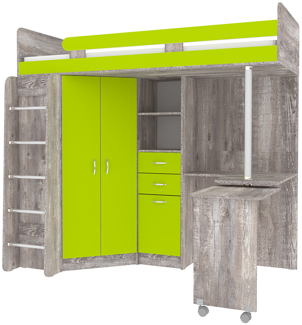 Кровать-чердак КарИВи Юниор 3 с металлической лестницей Бетон Лайм