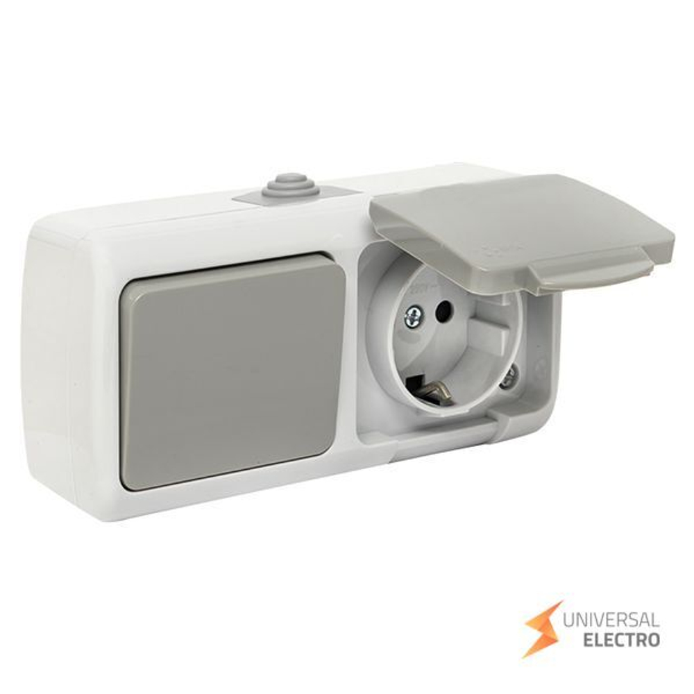 Мурманск Блок розетка 1-м 16А с заземлением с крышкой+ 1-кл выключатель IP54 серый EKF