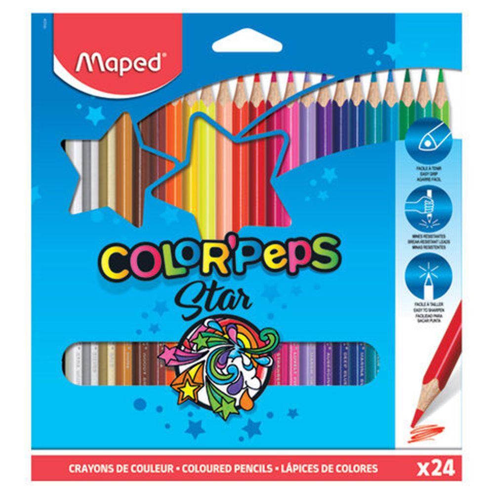 Карандаши цветные MAPED (Франция) "Color'Peps Star", 24 цвета, трехгранные, заточенные, европодвес, 183224