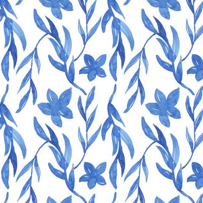 Синий узор из ботанических элементов на белом фоне