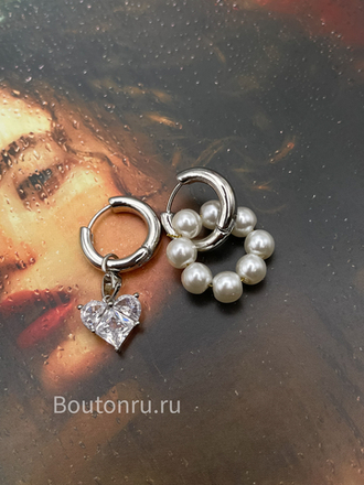 Серьги серебристые конго трансформеры с жемчугом и сердцем