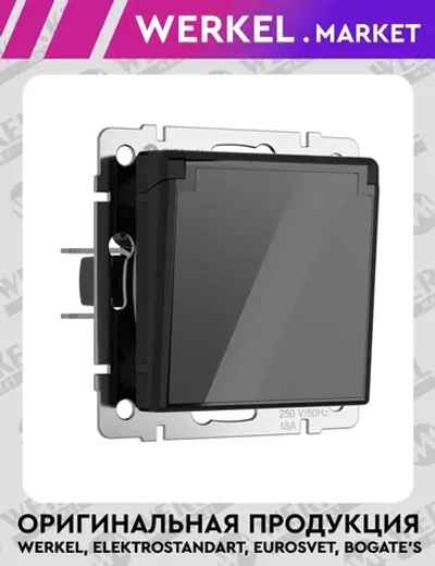 Розетка влагозащищенная с заземлением с крышкой и шторками (черный акрил) W1171248