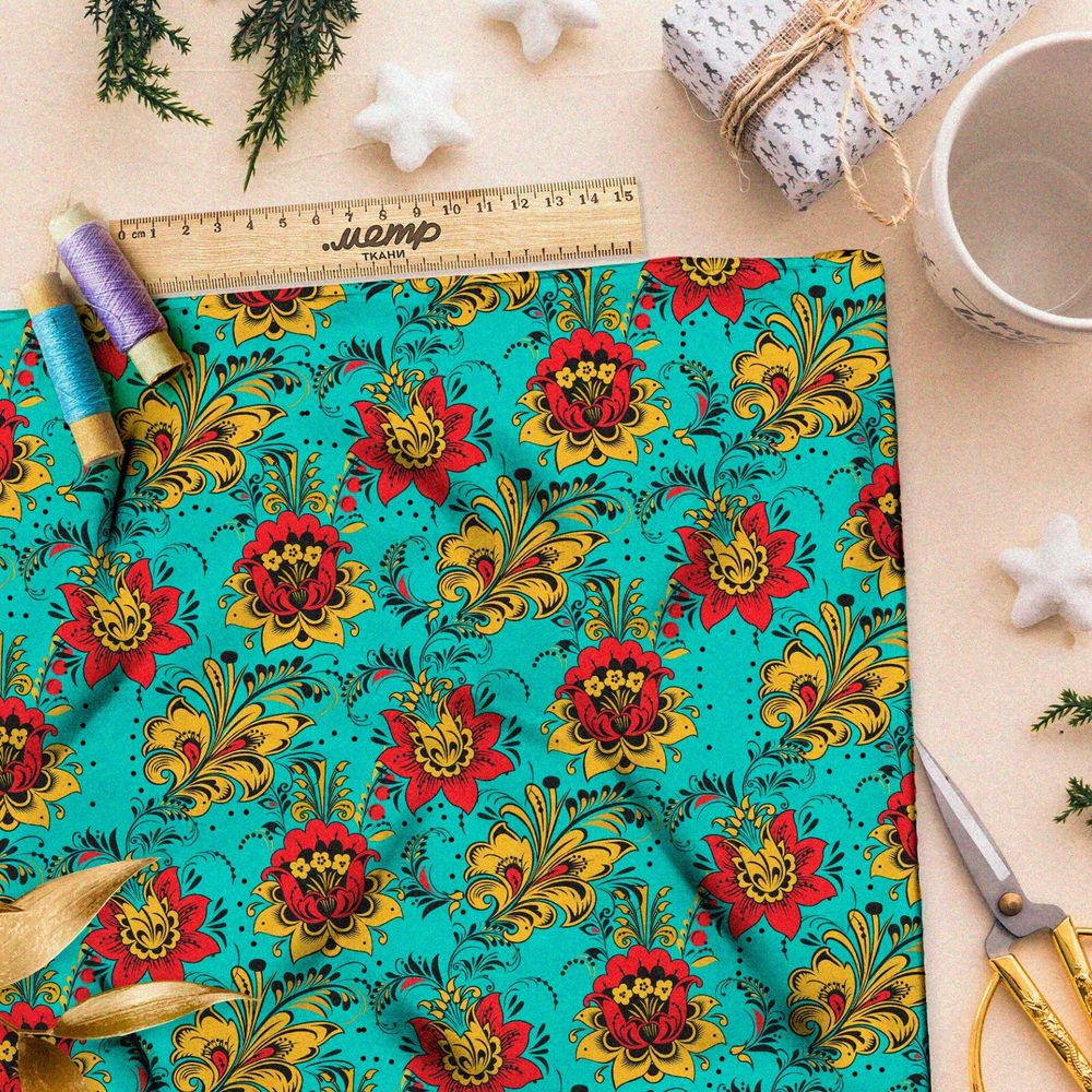 Ткань бифлекс редкая цветочная хохлома на бирюзовом фоне