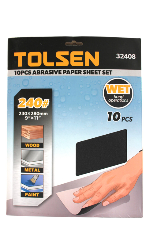 Шлифлист на бумажной основе водостойкий TOLSEN P240 SIC, 230х280мм 10шт. 32408