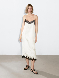 Massimo Dutti Длинное комбинированное платье в бельевом стиле, натуральный, кремовый