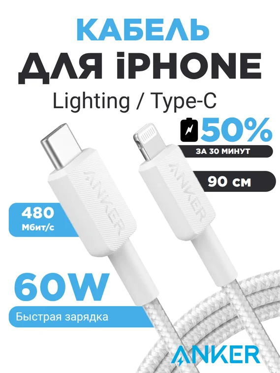 Кабель Anker 310 USB-C to Lightning Nylon Cable 0,9m (white)