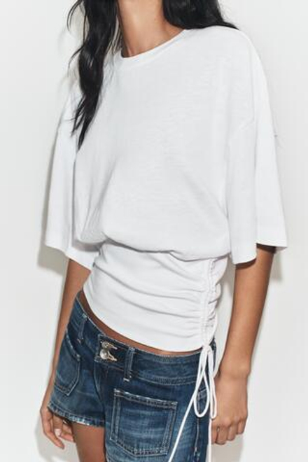 ZARA ТОП ИЗ ФЛАМЕ С ПОЯСОМ, БЕЛЫЙ