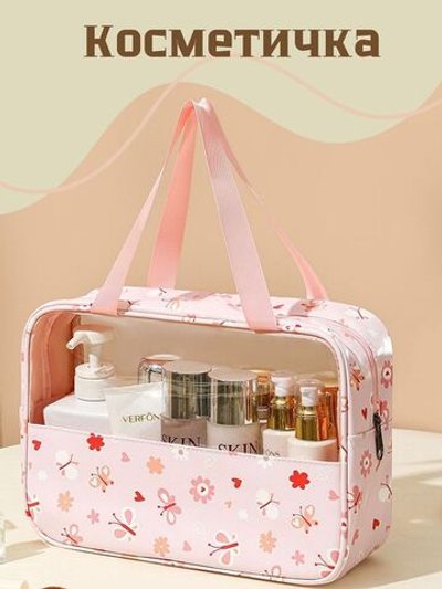 Косметичка с прозрачным окном, цвет розовый в цветочек (С0031-355)
