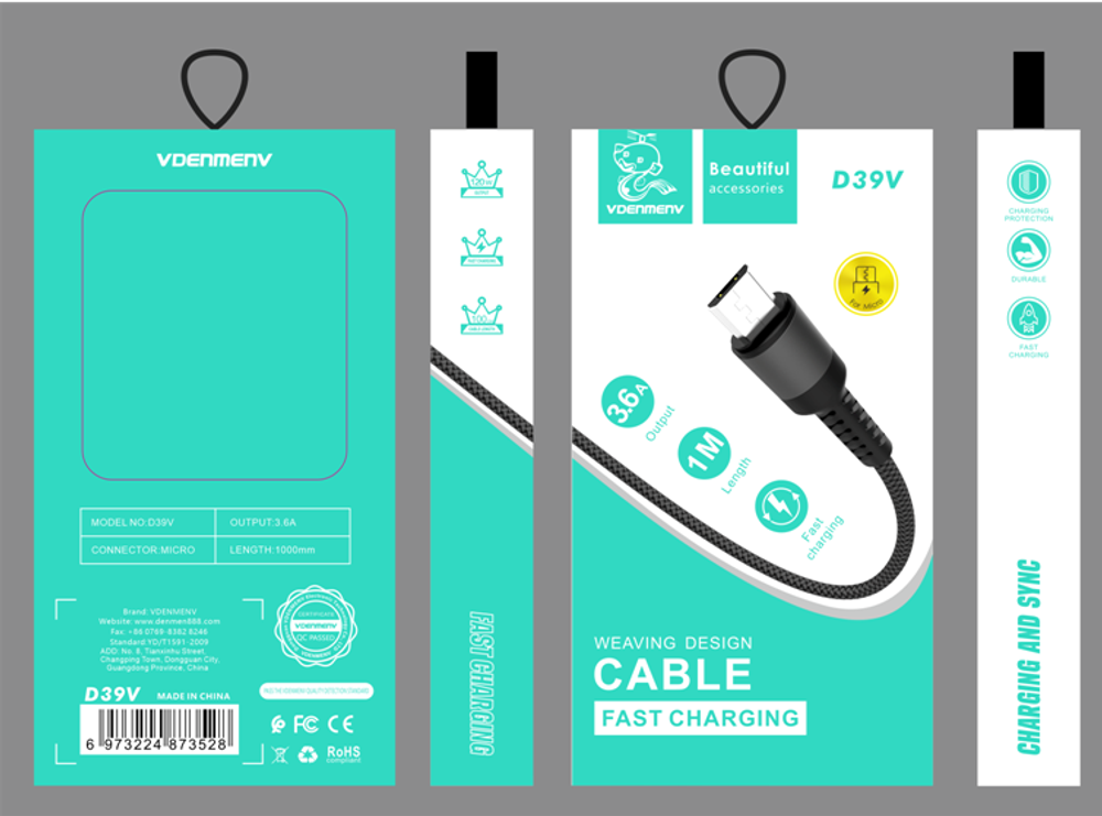 Кабель USB - Micro DENMEN D39V 3.6A (черный) 1м