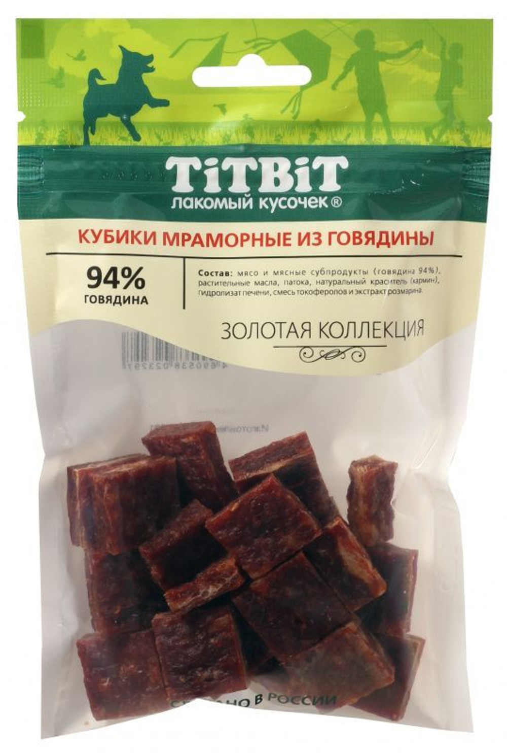 Лакомство для собак Мраморные кубики из говядины, 80г Золотая коллекция ТитБит