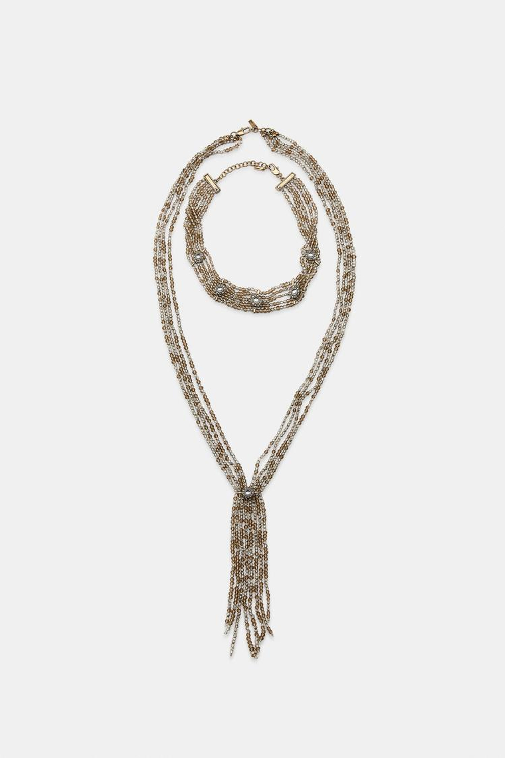 ZARA НАБОР ИЗ 2 ОЖЕРЕЛИЙ-ЧОКЕРОВ С БУСИНАМИ И СТРАЗАМИ, СЕРЫЙ