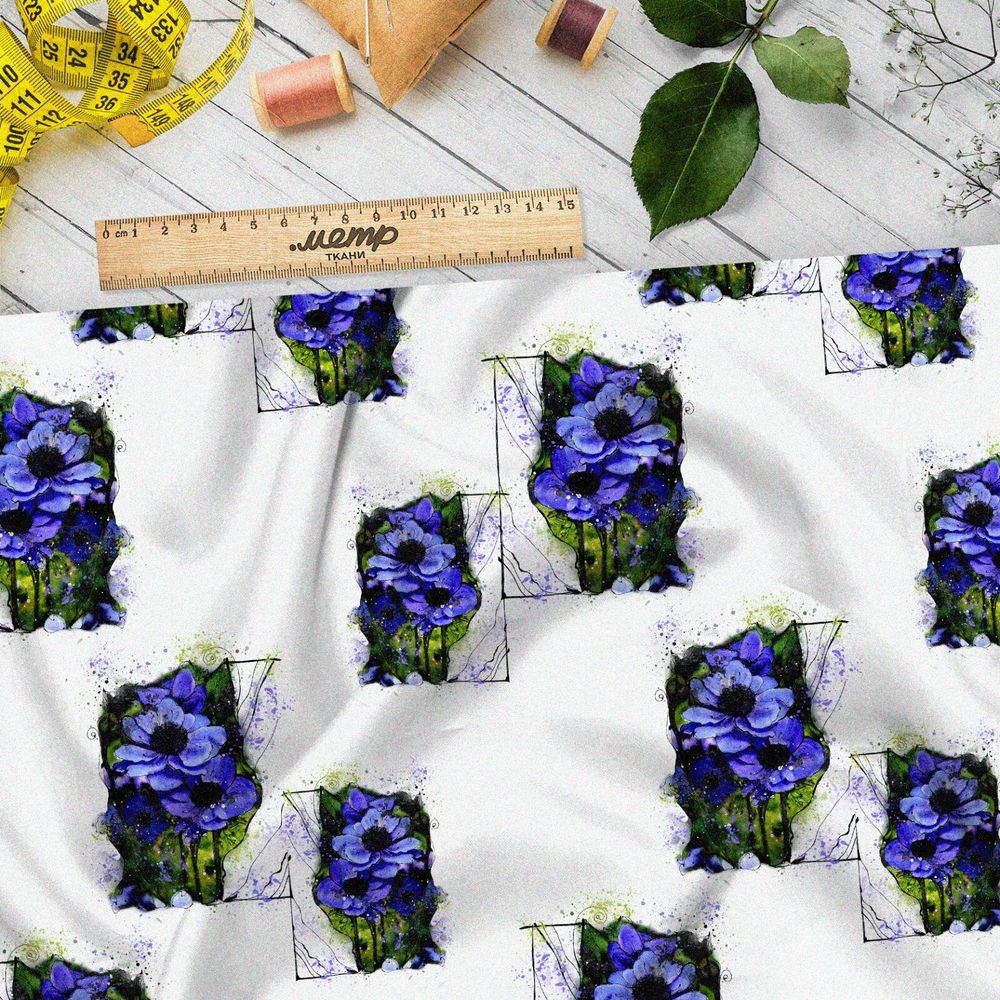 Ткань блэкаут васильки на черных квадратах