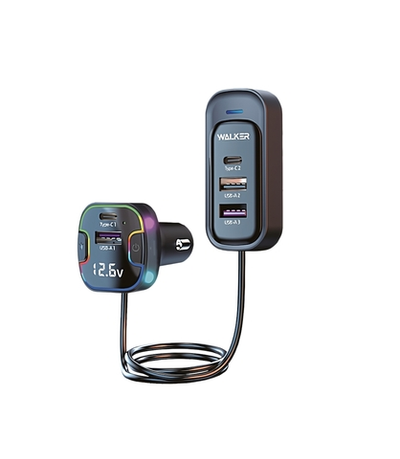 Автомобильное зарядное устройство WALKER WCR-75,100Вт, с удлинит 1.5м, Type-Cx2, USBx3, QC+PD,черное