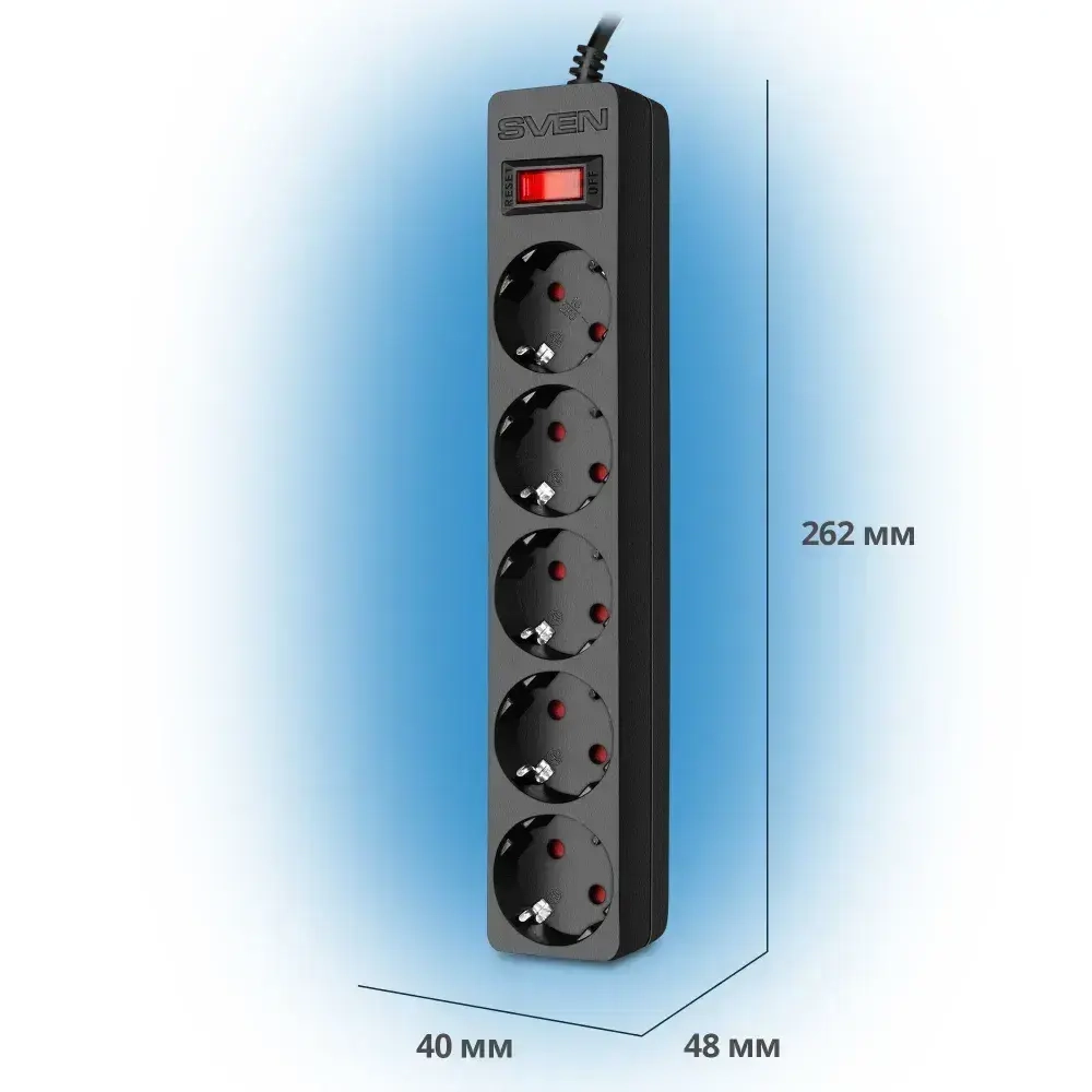 SVEN SF-05E Сетевой фильтр, 1 м / Удлинитель с настенным креплением - 5 розеток, черный