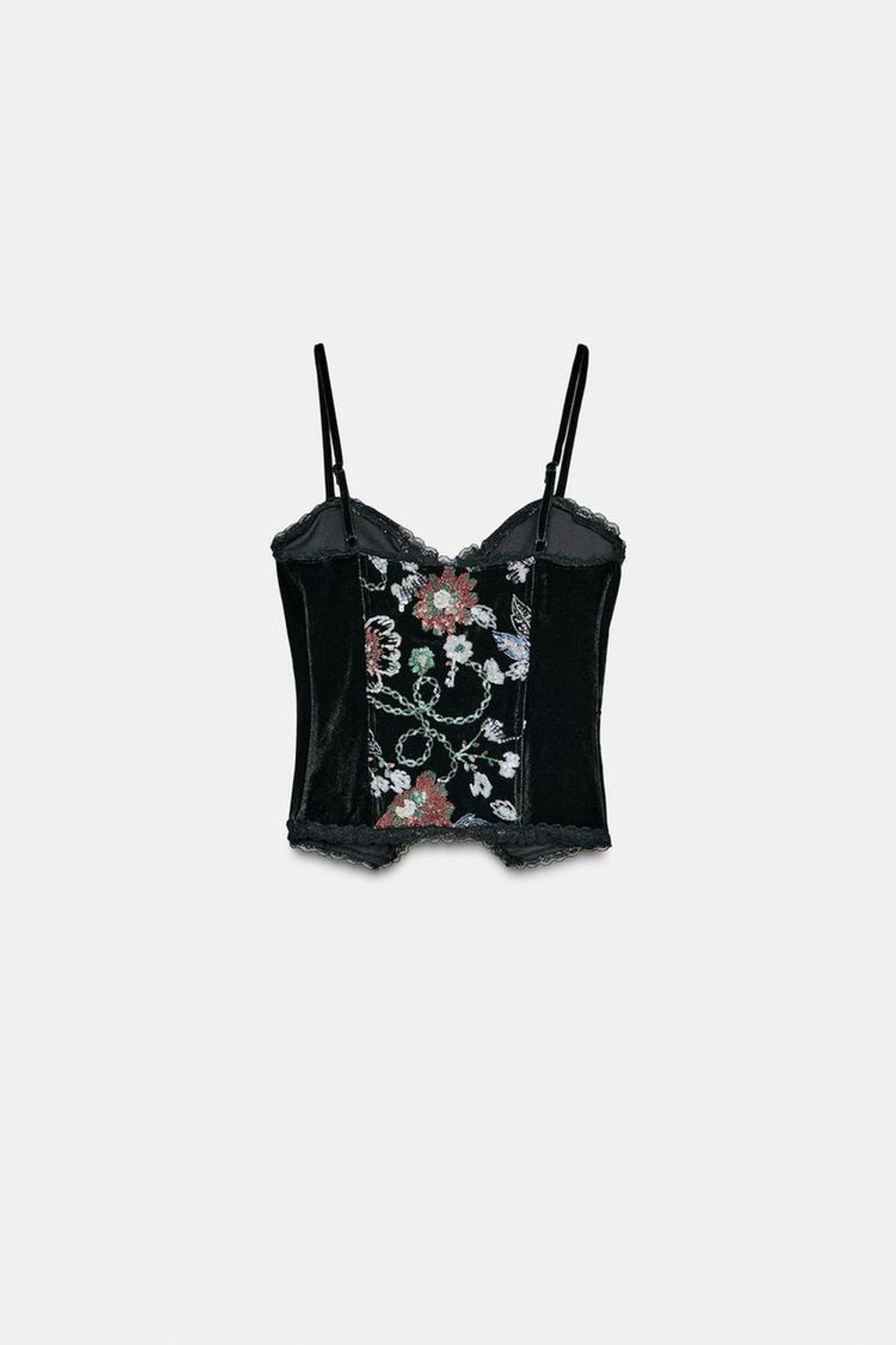 ZARA БАРХАТНЫЙ КОРСЕТ С ВЫШИВКОЙ, ЧЕРНЫЙ