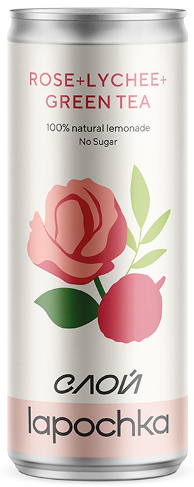 Газированный напиток Лапочка Роза + Личи + Зеленый Чай / Lapochka Rose + Lychee + Green Tea 0.33 - банка