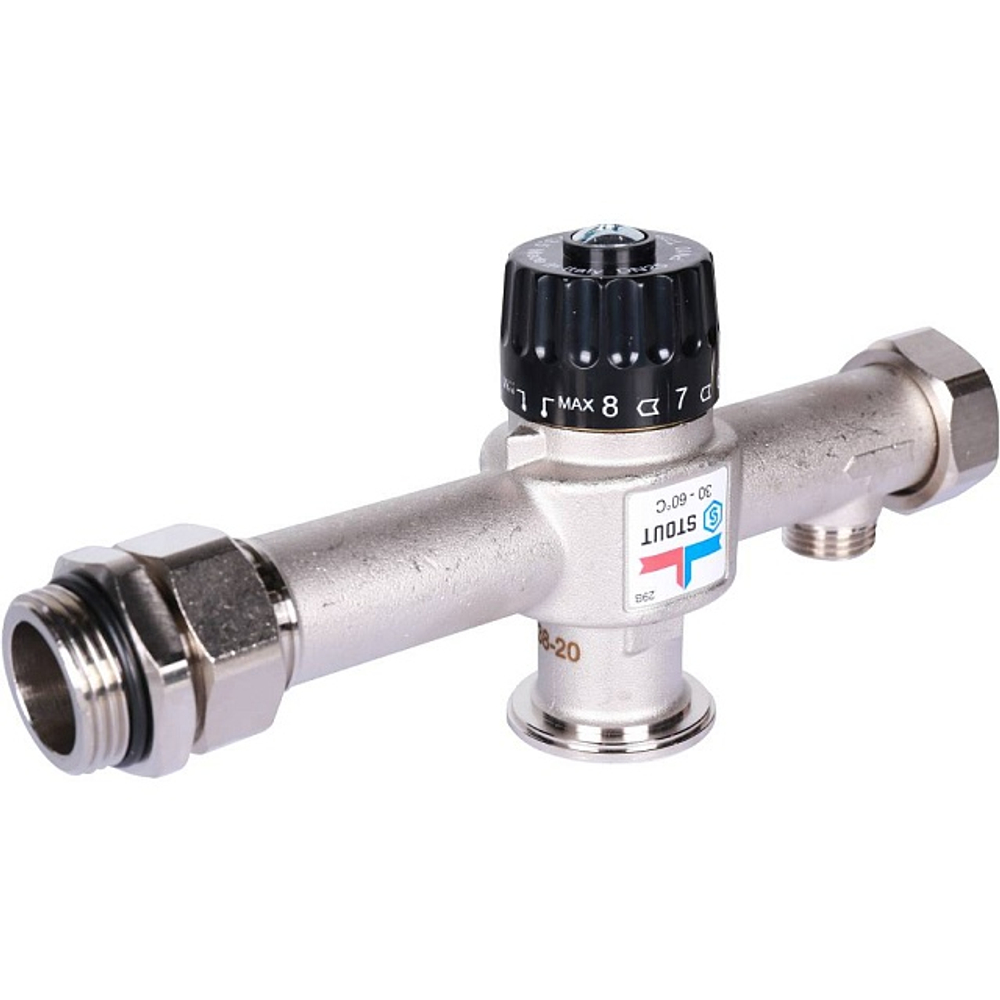 Насосно-смесительный узел проходной STOUT - 1" (термоклапан 30-60°C, с дисплеем, без насоса)