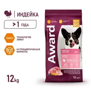 Сухой корм AWARD для взрослых собак средних пород с индейкой и курицей с добавлением моркови и черной смородины