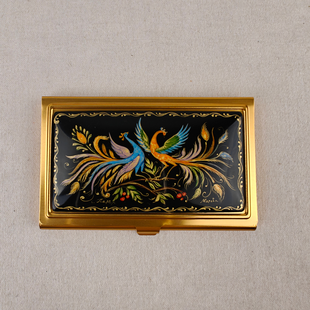 Визитница "Две Жар-птицы" (роспись Палех) желт.