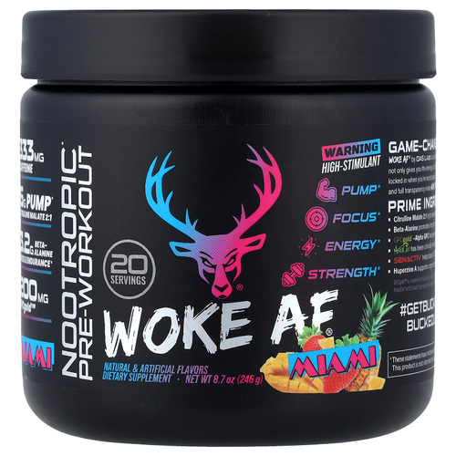 Bucked Up, Wake AF®, ноотропный предтренировочный комплекс, Майами, клубника, манго и ананас, 246 г (8,7 унции)