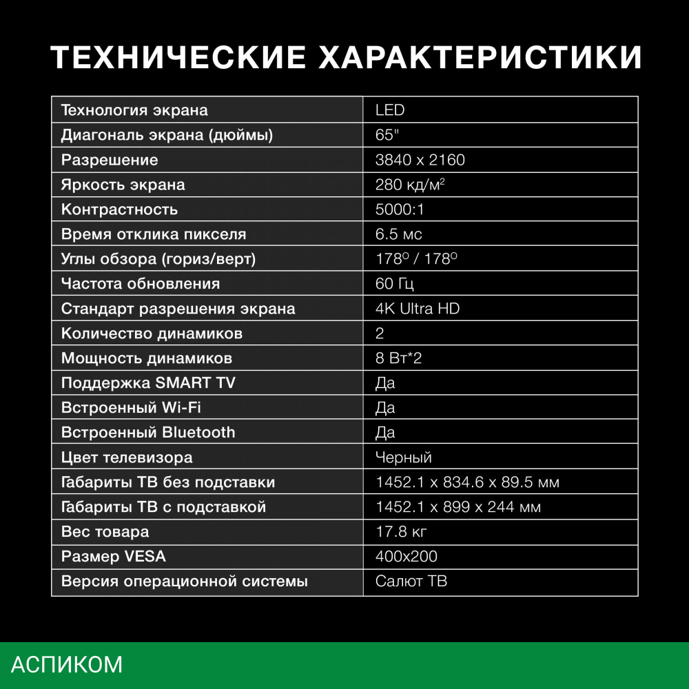 Телевизор LED Hyundai 65" H-LED65BU7000