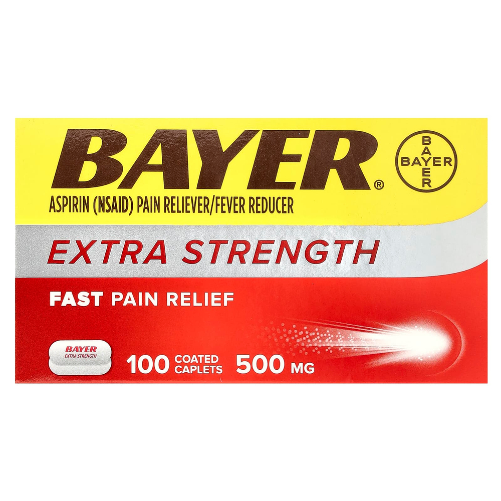 Bayer, аспирин, 500 мг, 100 капсул, покрытых оболочкой