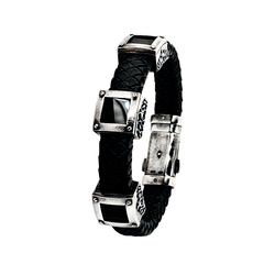 Браслет из кожи и серебра с черными агатами