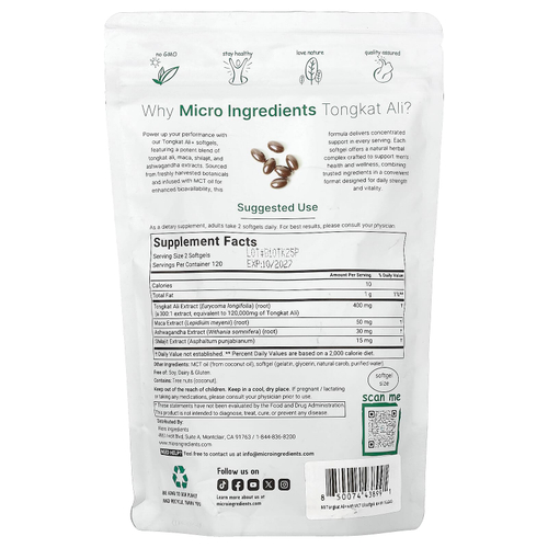 Micro Ingredients, Tongkat Ali+ для мужчин, 240 капсул