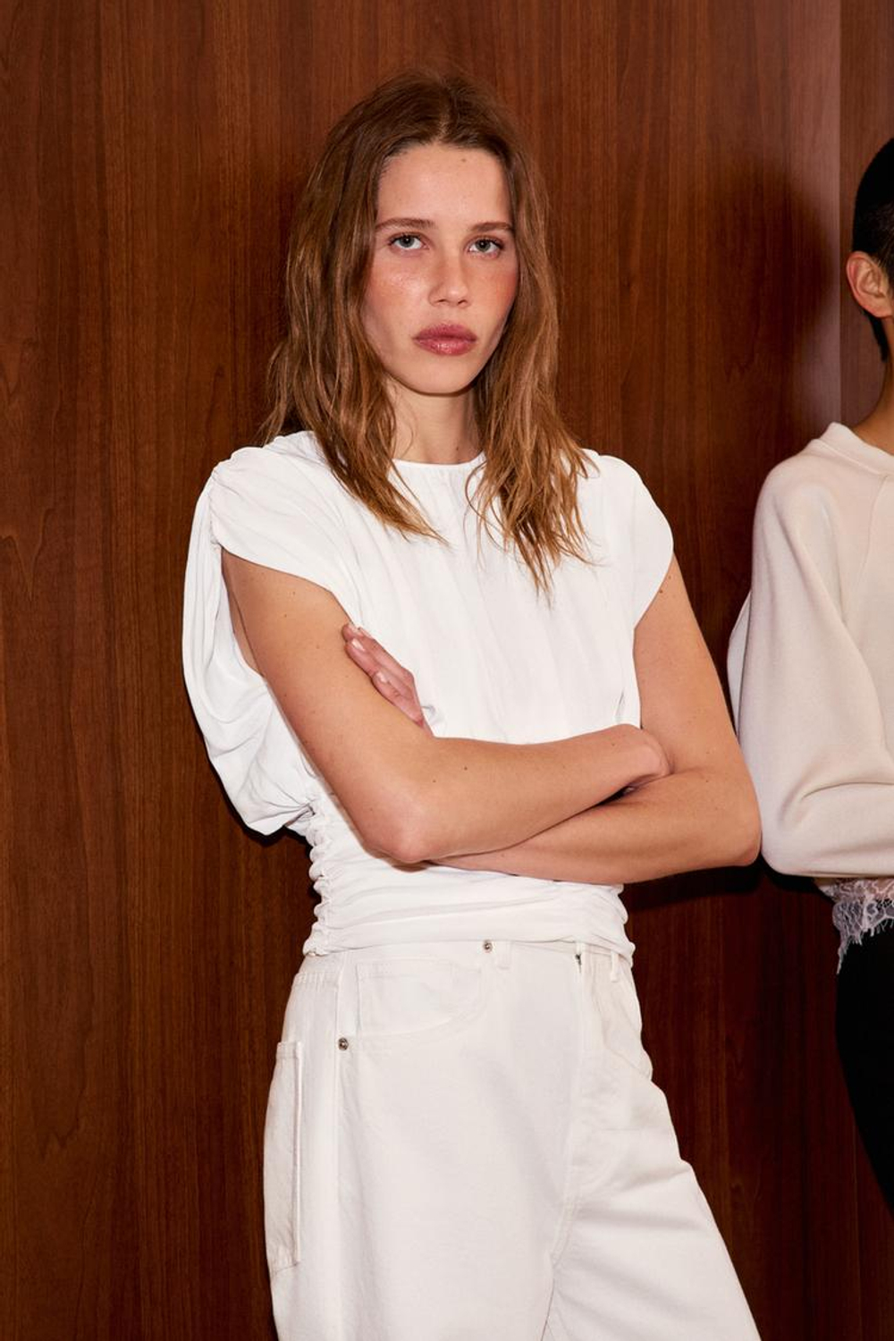 ZARA ТРИКОТАЖНЫЙ ТОП СО СБОРКАМИ, БЕЛЫЙ