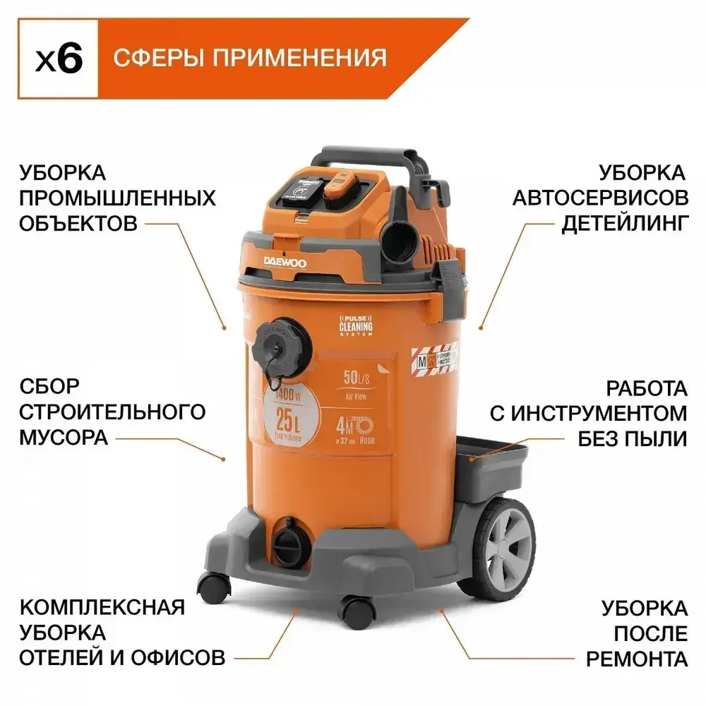 Пылесос строительный DAEWOO DAVC 2500SD (1.4 кВт, 25л)