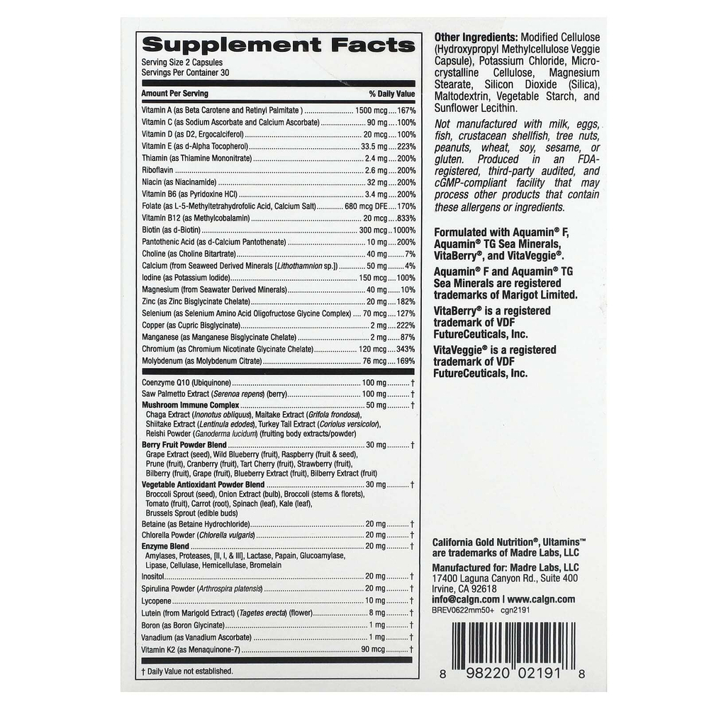 California Gold Nutrition, Ultamins, мультивитамины для мужчин старше 50 лет, с коэнзимом Q10, грибами, ферментами, овощами и ягодами, 60 растительных капсул