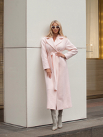 Женское серое пальто на запах с поясом