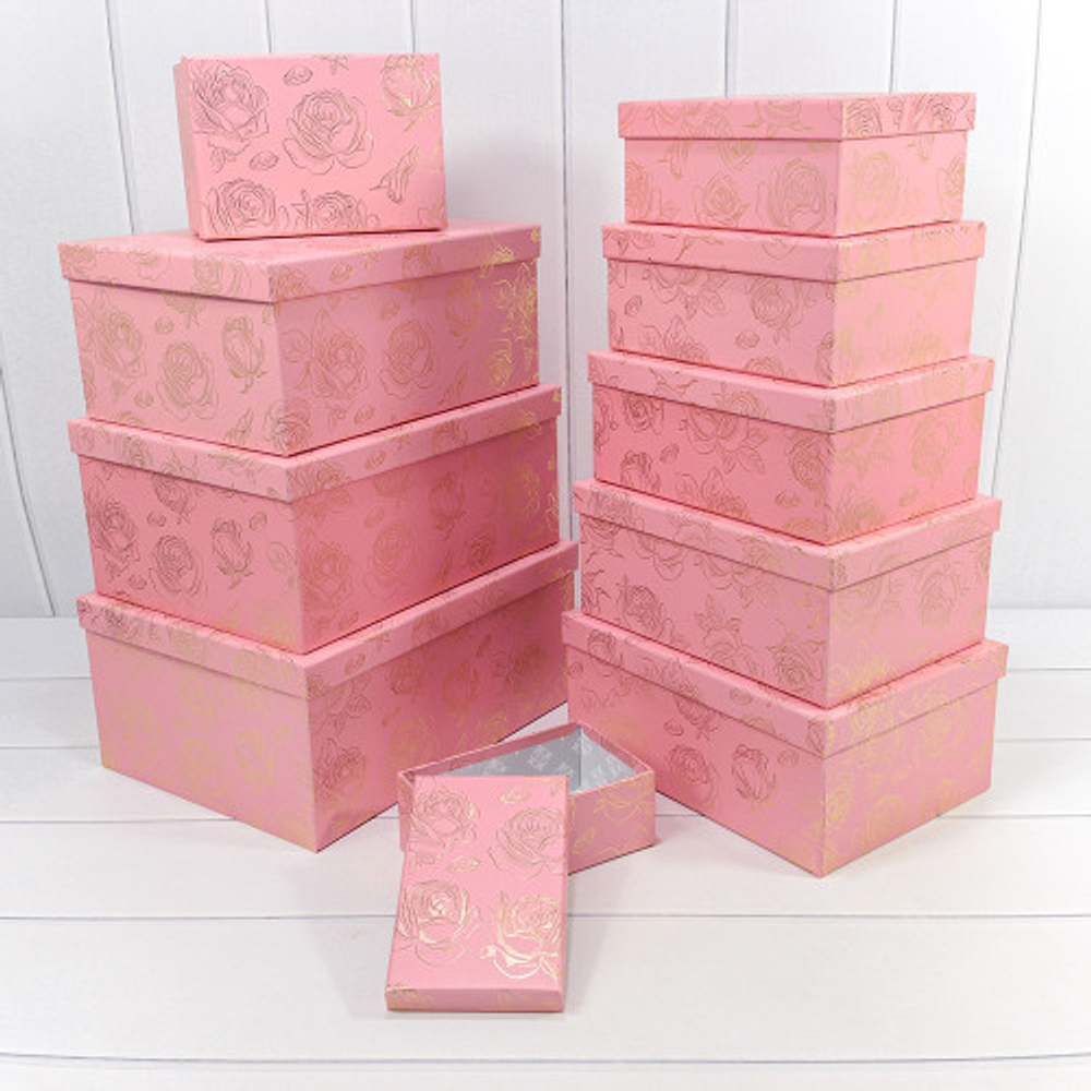 Коробка 34х26х15.3 см Набор 10 шт "Розы" с тиснением (Розовый)