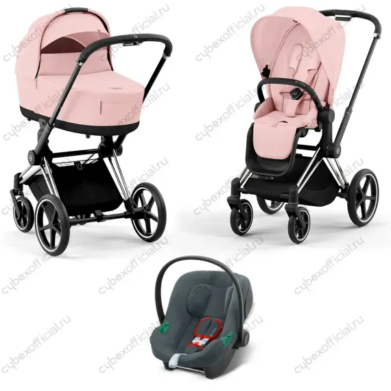 Детская коляска Cybex Priam IV 3 в 1 Peach Pink шасси Chrome Black автокресло Aton B i-Size