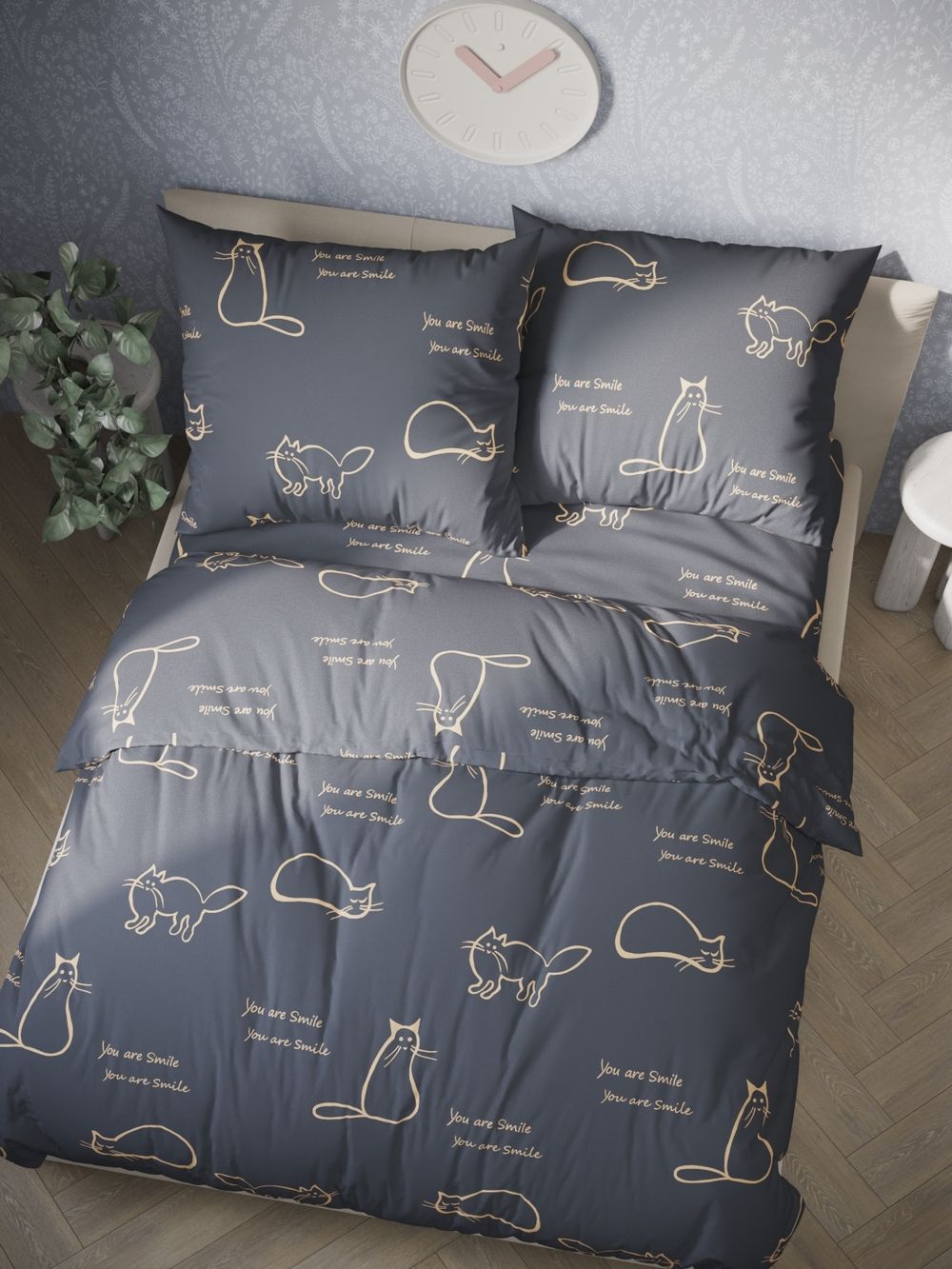 Наволочка комплект 2шт Полисатин Мечта "Котики на сером" 70x70 см на молнии